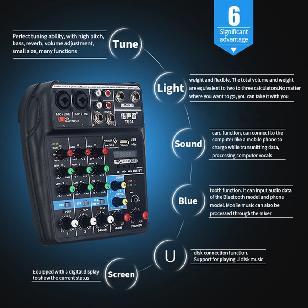 TU04 Bluetooth USB and Sound Card Mixer for Recording Voice-Activated Radio- Black