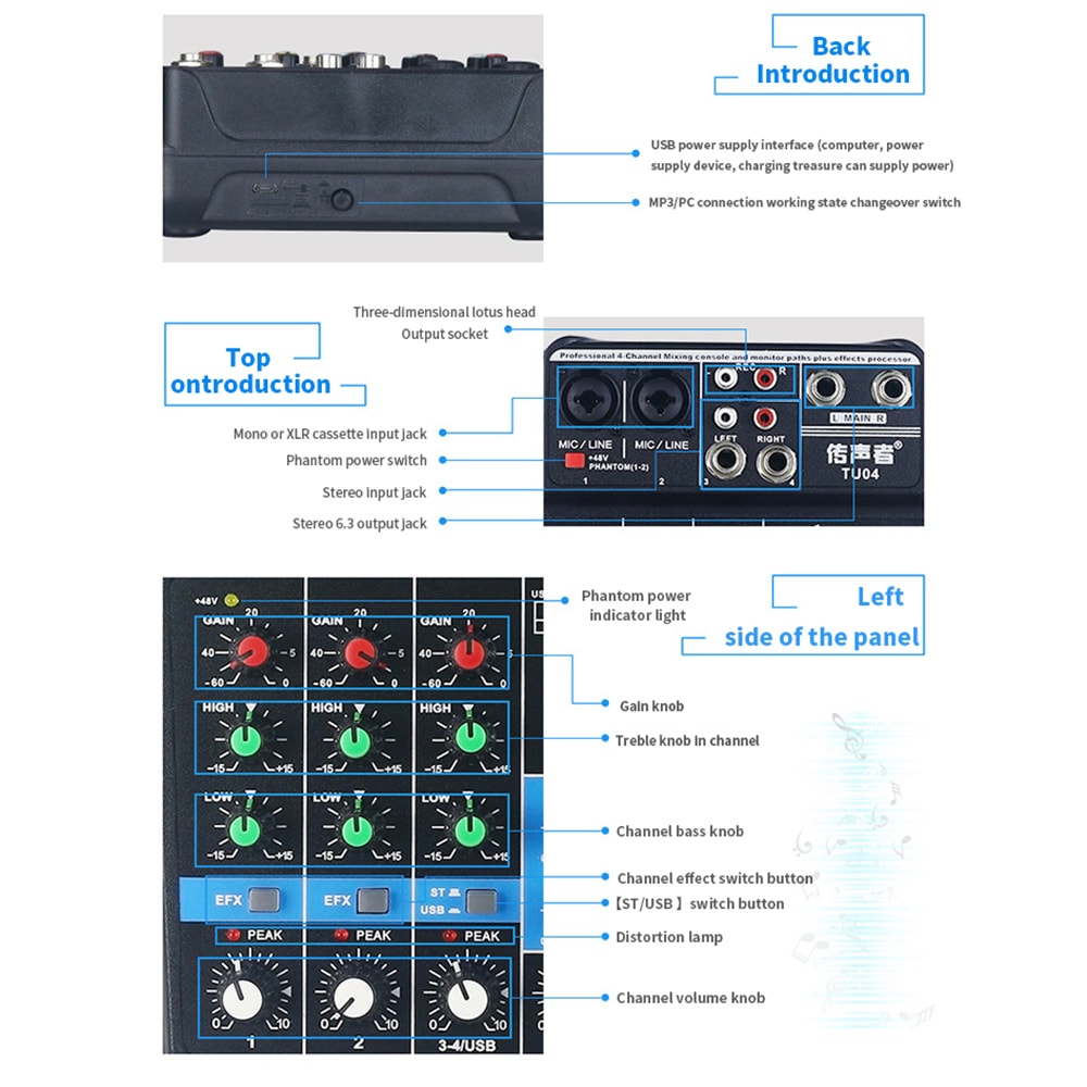 TU04 Bluetooth USB and Sound Card Mixer for Recording Voice-Activated Radio- Black