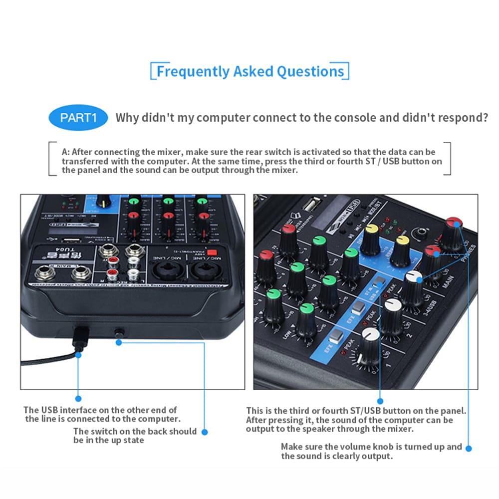 TU04 Bluetooth USB and Sound Card Mixer for Recording Voice-Activated Radio- Black