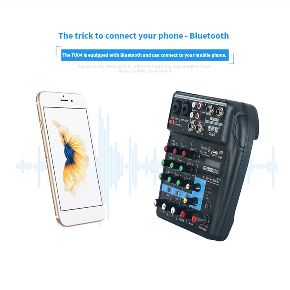 TU04 Bluetooth USB and Sound Card Mixer for Recording Voice-Activated Radio- Black