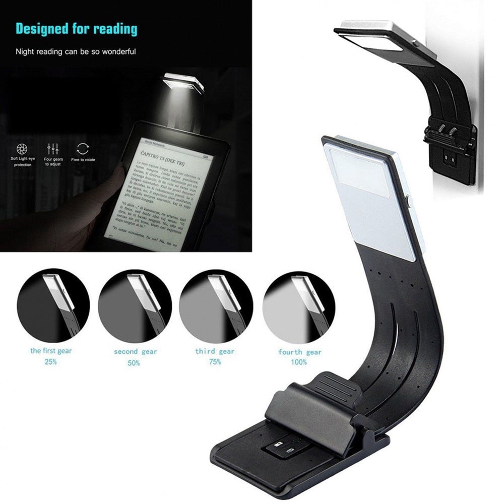 Portable LED Reading Book Light With Detachable Flexible Clip USB Rechargeable- Black