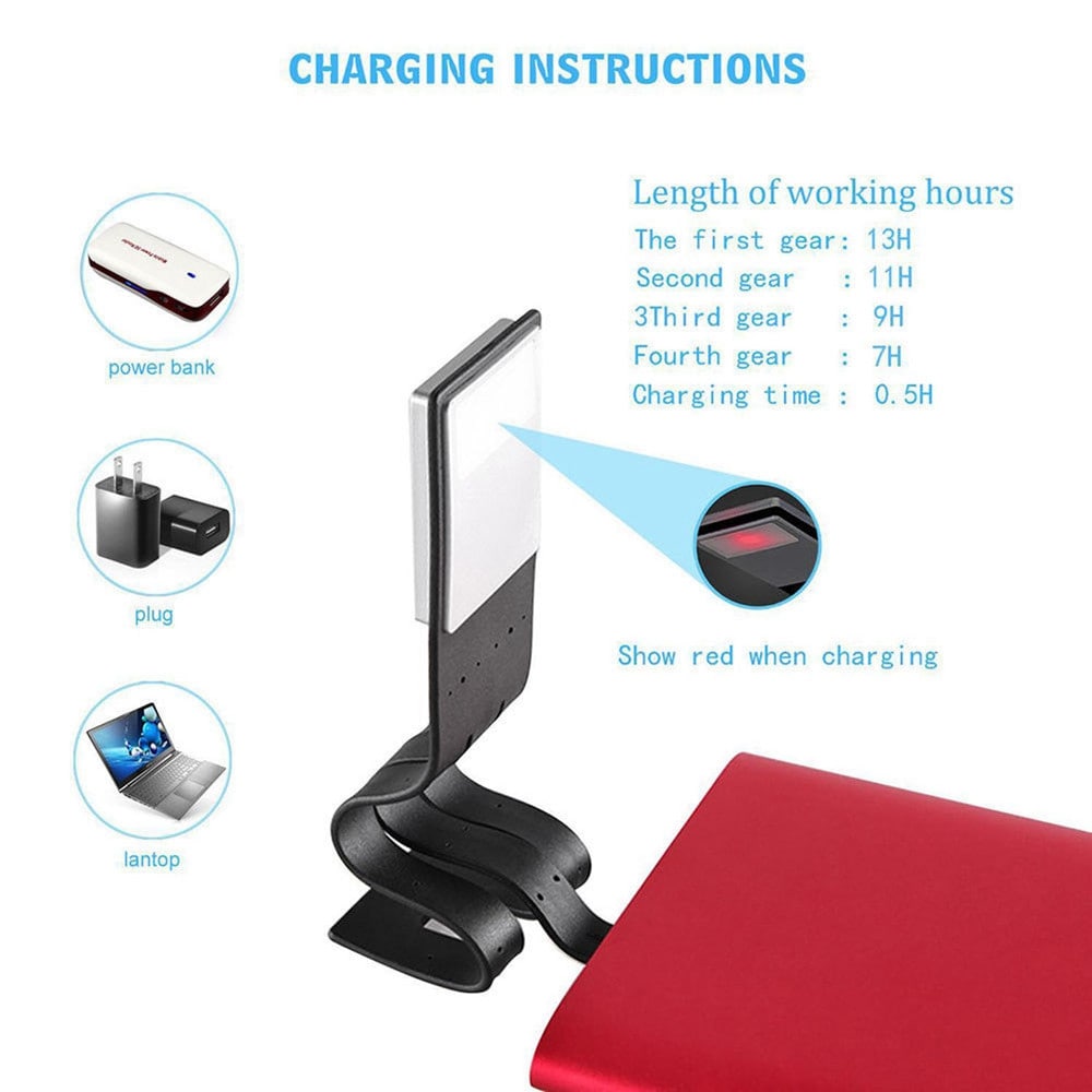 Portable LED Reading Book Light With Detachable Flexible Clip USB Rechargeable- Black