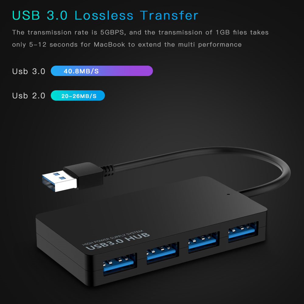 USB Hub 4-PORT USB 3.0 Hub Ultra Slim Data Hub 4 Ports Hub for mini Notebook PC USB Flash Drives Mobile HDD- Black