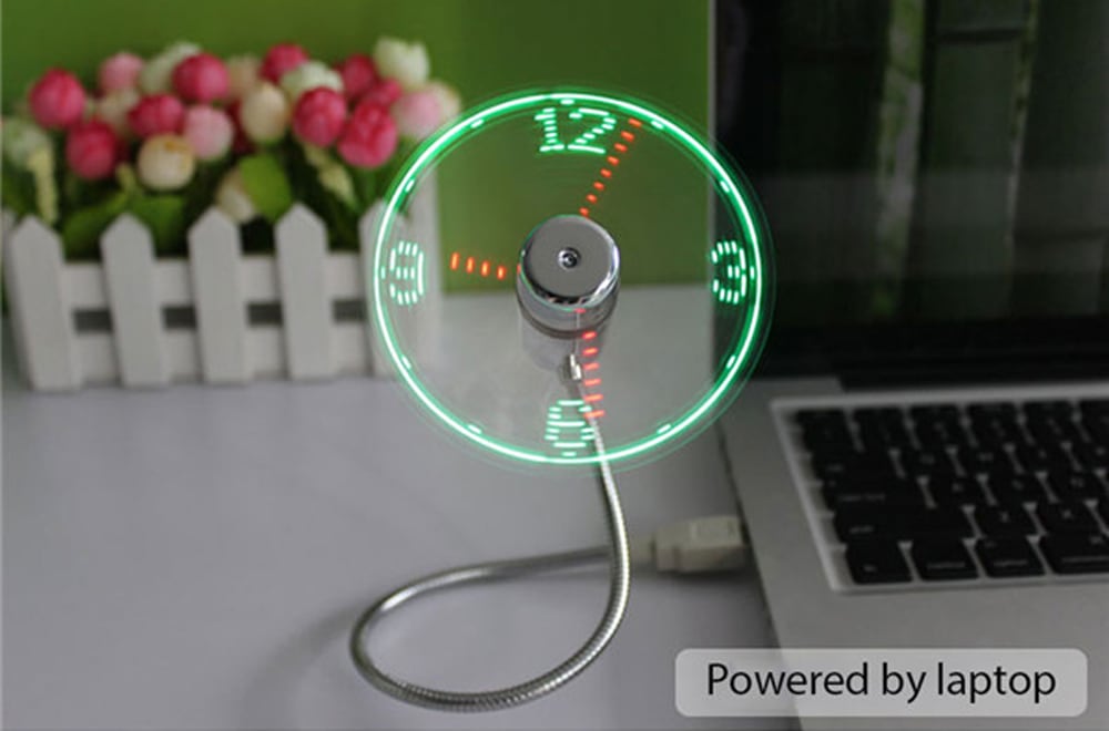 Mini USB Flexible Time Clock Fan with LED Light- Silver GREEN LIGHT