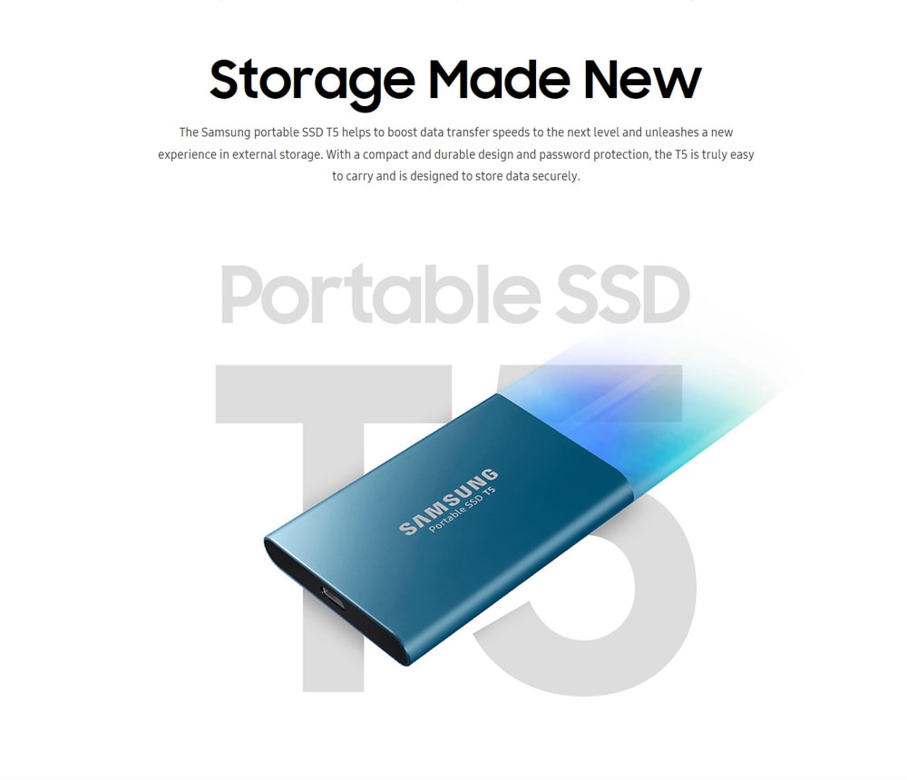 Samsung T5 SSD Portable Solid State Drive with USB 3.1 / Hardware Encryption- Lake Blue 500GB