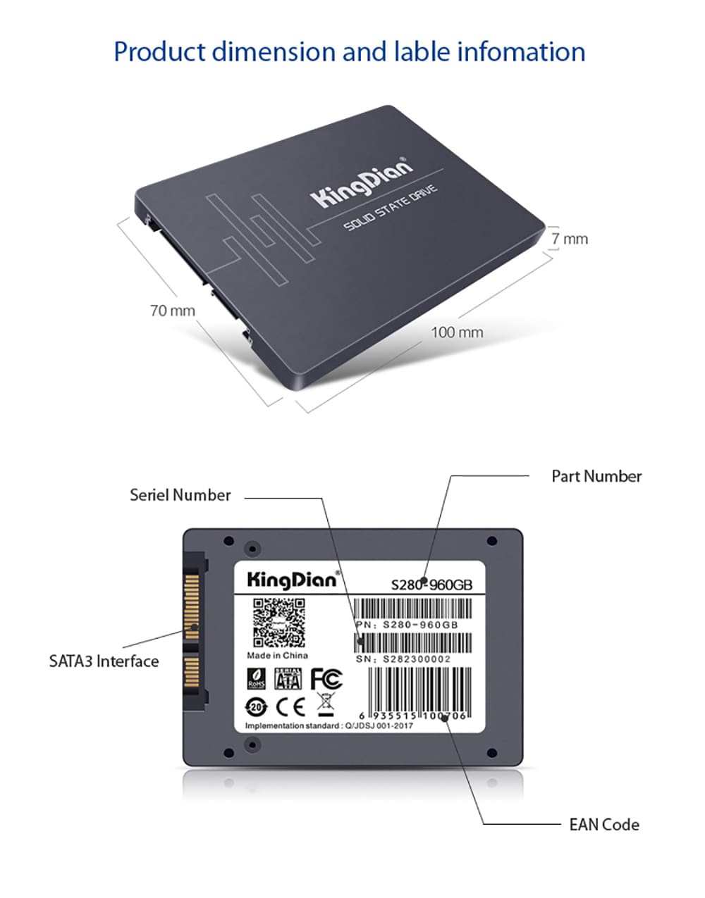 SSD SATA3 2.5 inch 1TB Hard Drive Disk HD HDD factory directly KingDian Brand- Black