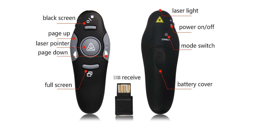 TK705 Multimedia USB Wireless PPT Presenter with Laser Pointer Remote Control Flip Pen- Black