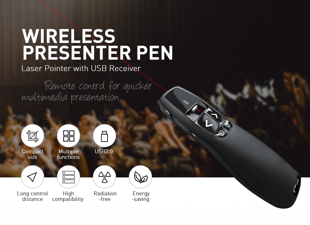 Laser Pointer Wireless Presenter Pen with USB Receiver for Multimedia Presentation- Black