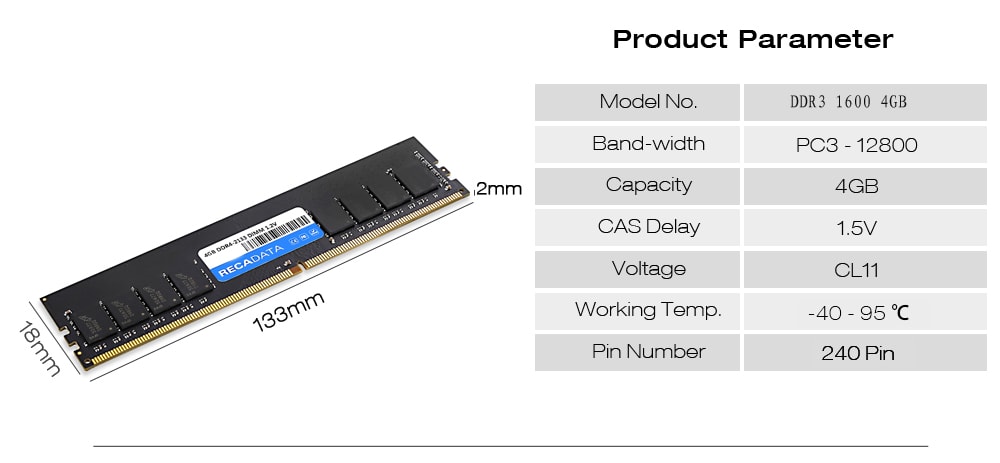 RECADATA 4GB DDR3 - 1600 Memory Module for Desktop 240 Pin- Multi