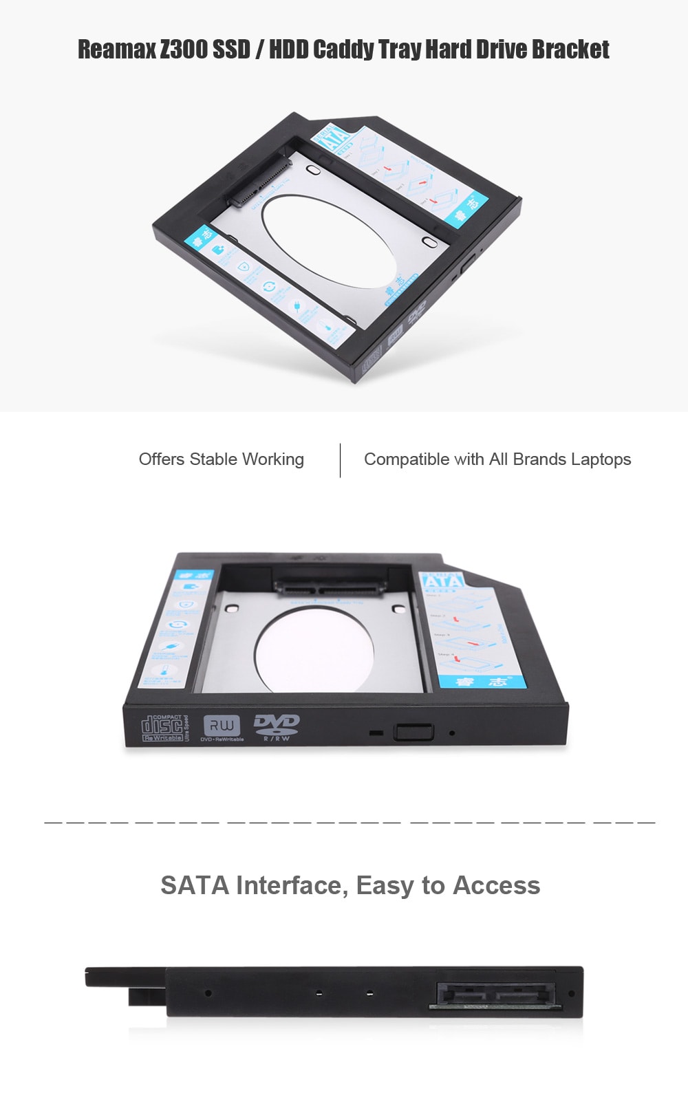 Reamax Z300 SSD / HDD Caddy Tray SATA 3.0 CD-ROM Hard Drive Bracket- Black 9.5MM