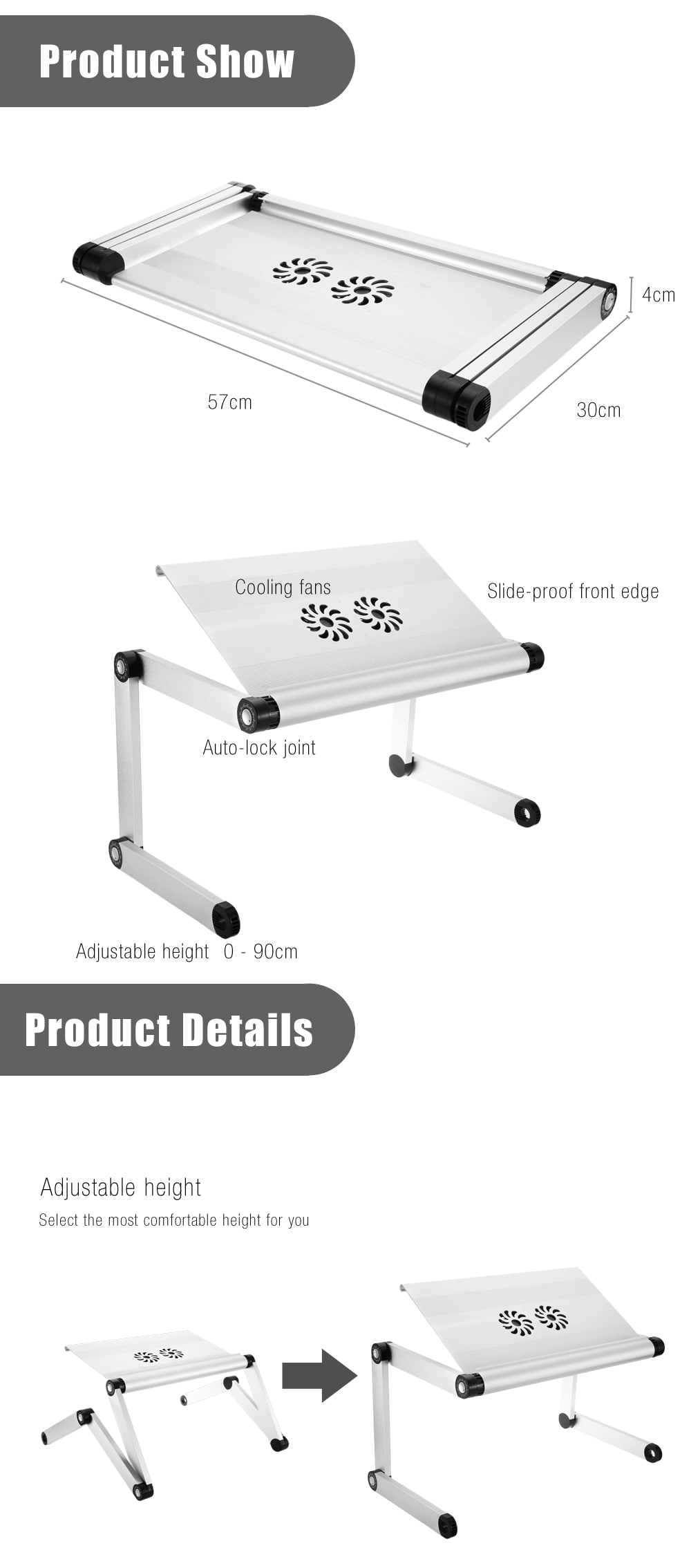 OMAX A8 Folding Computer Table Bed Tray Desk Adjustable Height for Laptop with Cooling Fans- White Golden