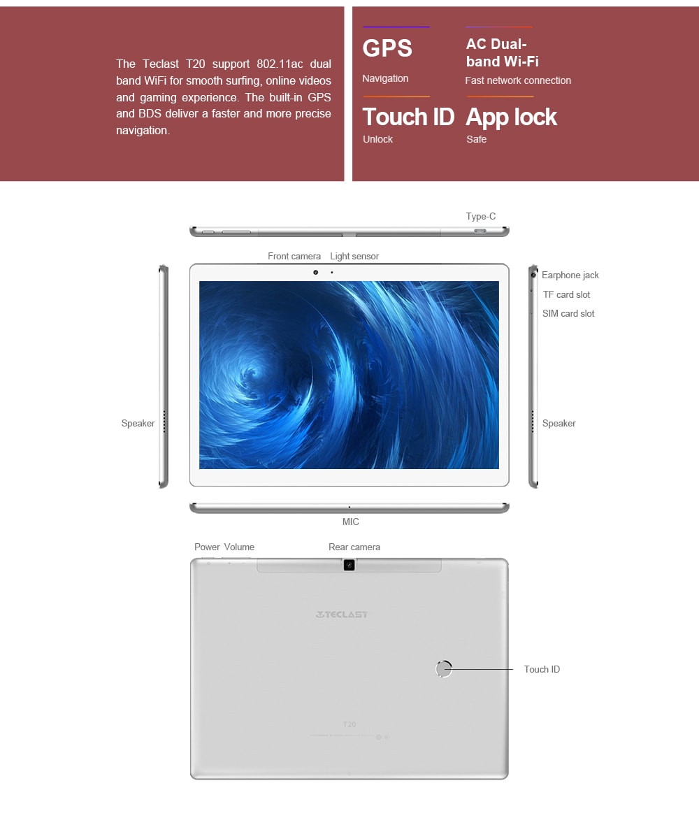 Teclast T20 4G Phablet Android 7.1 10.1 inch MT6797X ( X27 ) Deca Core 4GB RAM 64GB eMMC ROM Fingerprint Recognition 13.0 MP Double Cameras Bluetooth 4.0 Type-C Dual WiFi- Silver