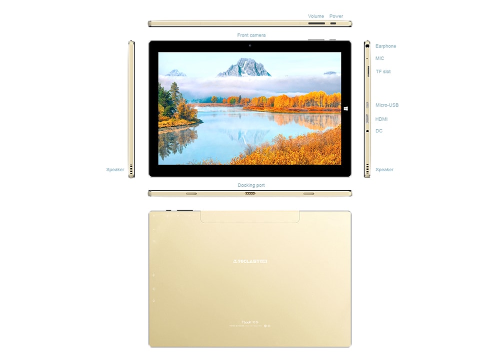 Teclast Tbook 10 S 2 in 1 Tablet PC with Stylus 10.1 inch Windows 10 + Android 5.1 Intel Cherry Trail X5-Z8350 Quad Core 1.44GHz 4GB RAM 64GB ROM HDMI- Champagne gold