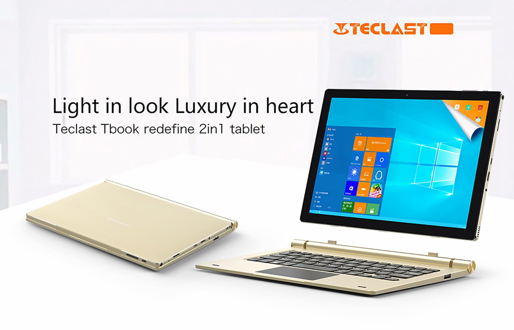 Teclast Tbook 10 S 2 in 1 Tablet PC 10.1 inch Windows 10 + Android 5.1 IPS Screen Intel Cherry Trail X5 Z8350 64bit Quad Core 1.44GHz 4GB RAM 64GB ROM Bluetooth 4.0- Champagne gold