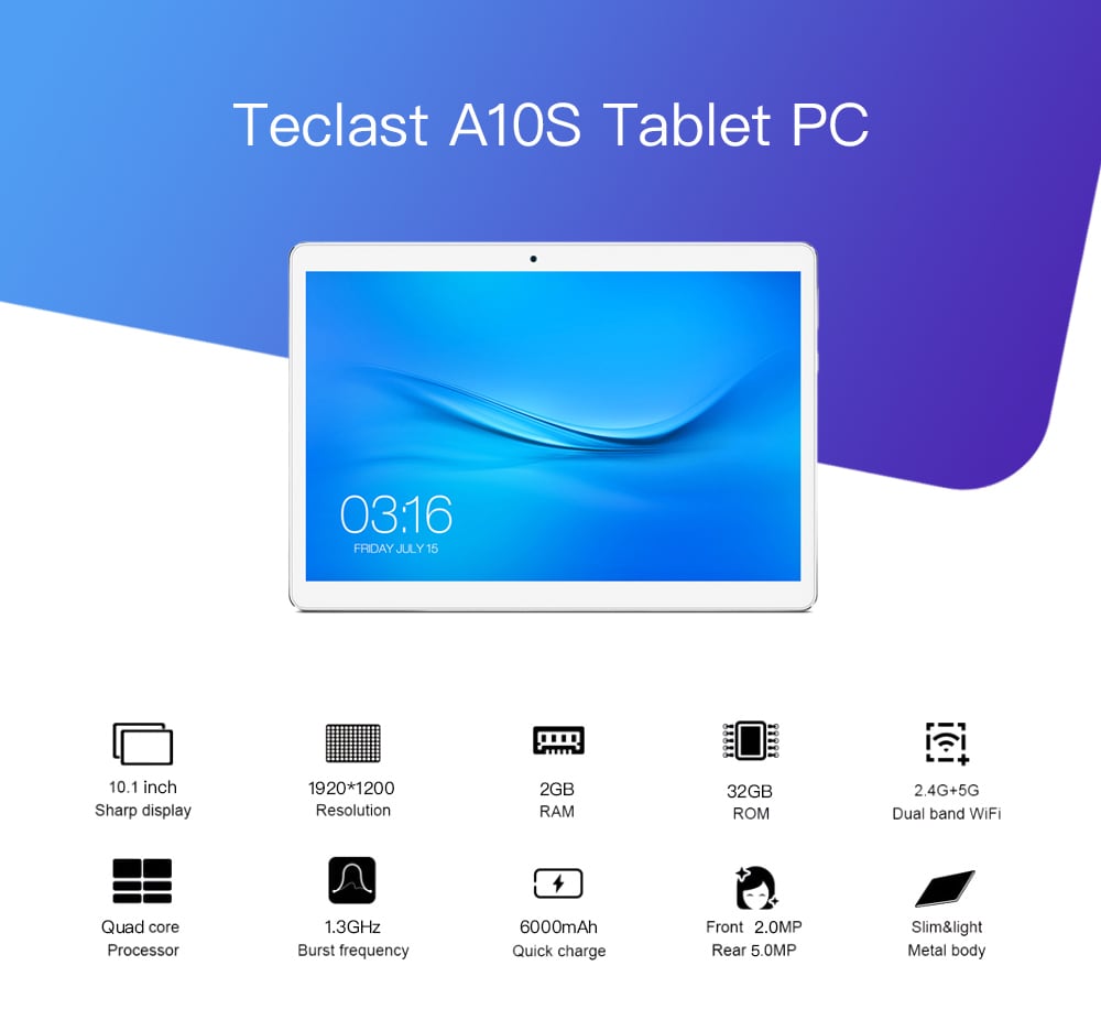 Teclast A10S Tablet PC 10.1 inch Android 7.0 MTK 8163 Quad Core 1.3GHz 2GB RAM 32GB eMMC ROM Dual Cameras Dual WiFi- White