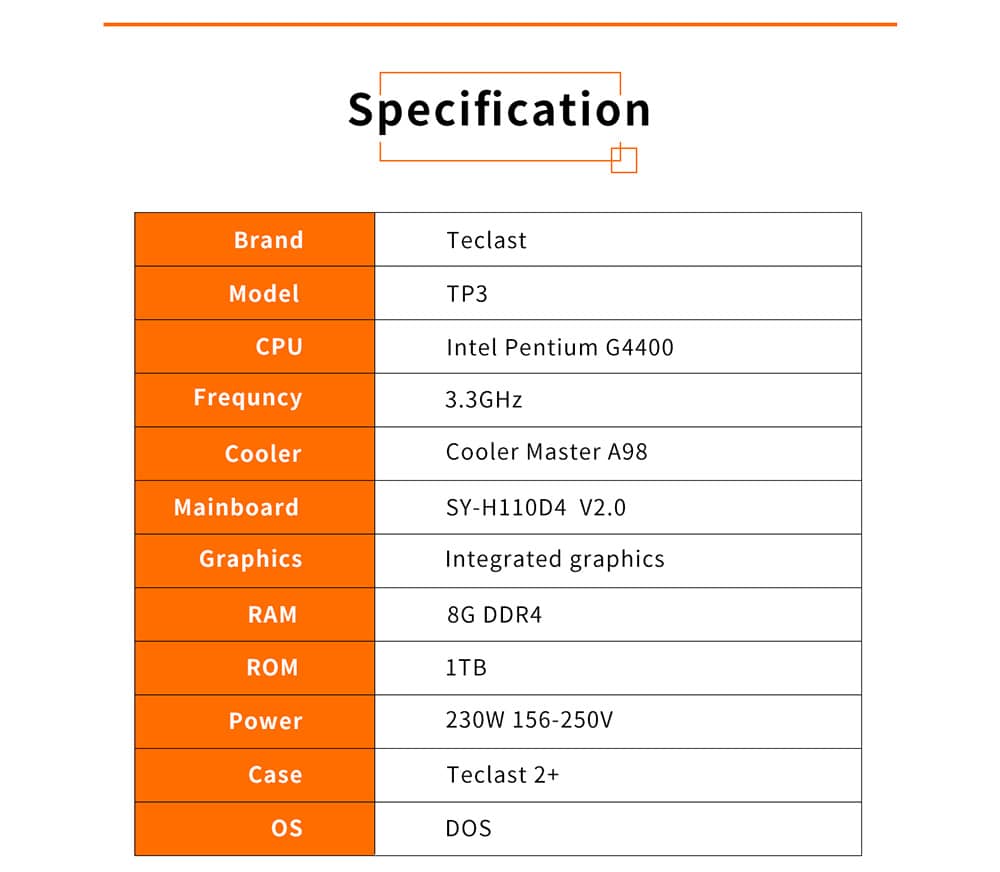 Teclast TP3 Computer Tower DOS OS Intel Pentium G4400 Dual Core 3.3GHz Kingston 8GB RAM Seagate 1TB- White