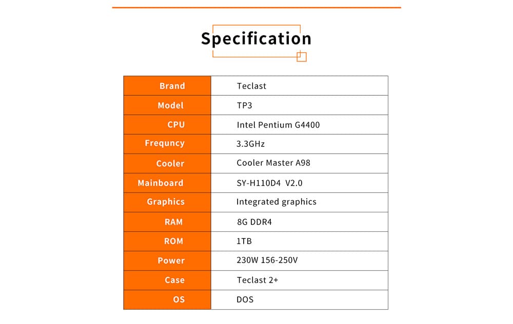 Teclast TP3 Computer Tower DOS OS Intel Pentium G4400 Dual Core 3.3GHz Kingston 8GB RAM Seagate 1TB- White