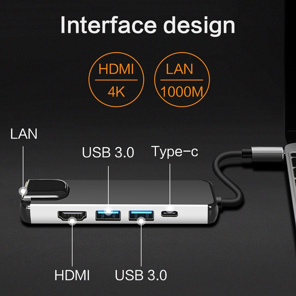 Aluminum Alloy 5-in-1 Type-C to HDMI 4K / 2-port USB3.0 / Type-C / RJ45 Network Adapter Converter- Black