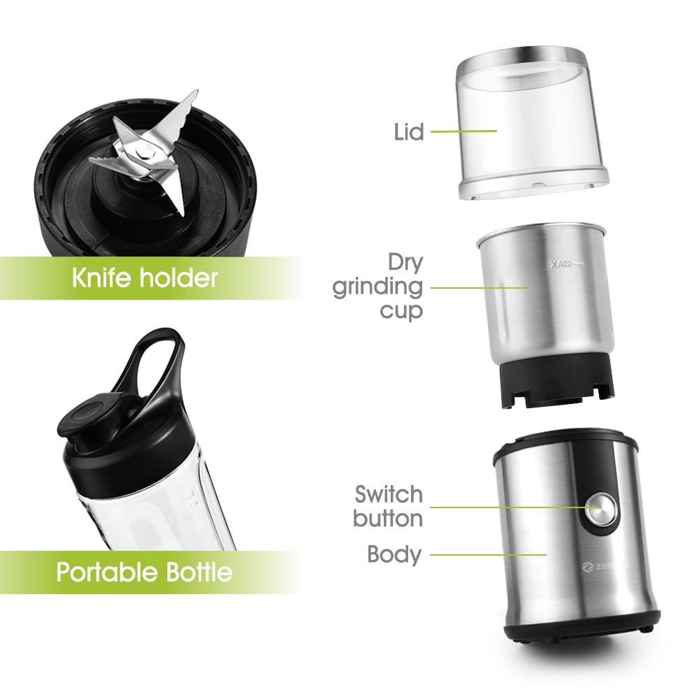 zanmini CG - 9430 Coffee Grinder with a Fruit Grinder Bottle Set- Silver EU Plug