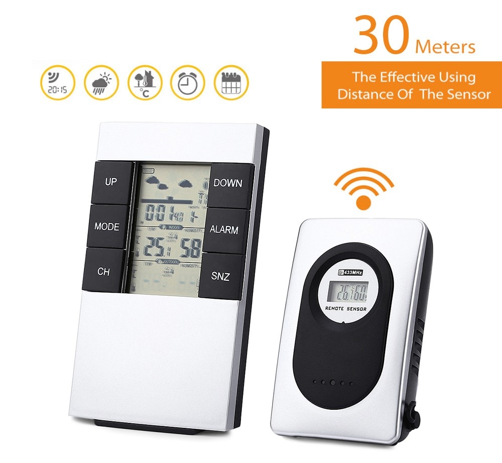 TS - H146 433MHz Wireless Weather Station Alarm Clock Indoor Outdoor Thermometer Hygrometer- Silver White