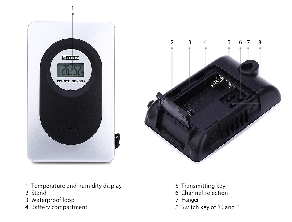 TS - H146 433MHz Wireless Weather Station Alarm Clock Indoor Outdoor Thermometer Hygrometer- Silver White