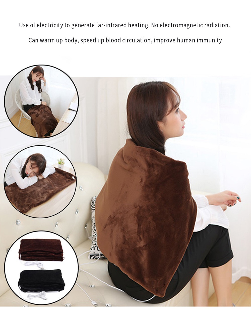 USB Soft Heated Shawl Winter Electric Warming Neck Shoulder Heating Blanket Pad- Coffee