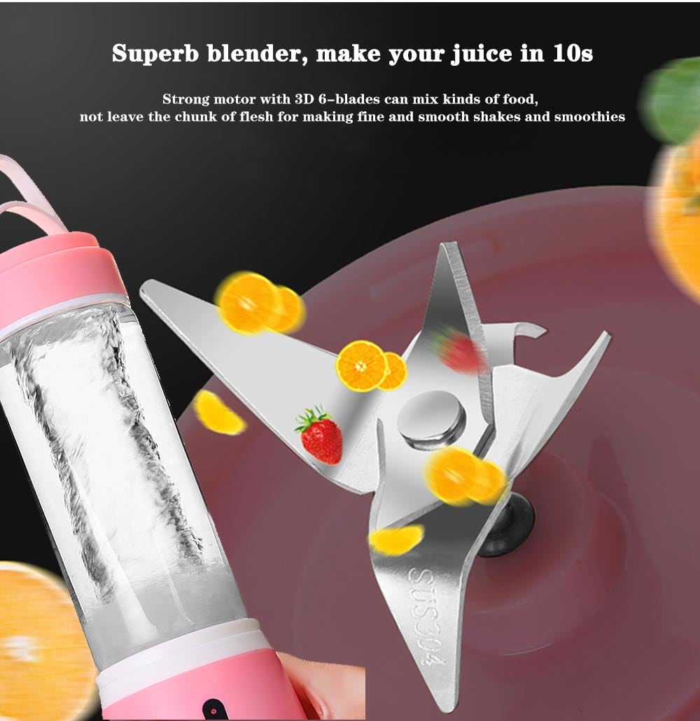 USB 6 Blades Juicer Rechargeable Fruit Vegetable Mixing Blender Machine - Pig Pink