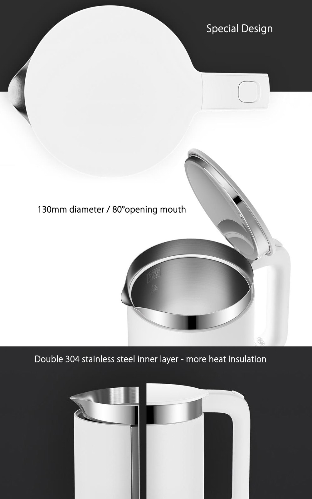 Original Xiaomi Mi Electric Kettle Power-off Protection 304 Stainless Steel Inner Layer - 1.5L- White