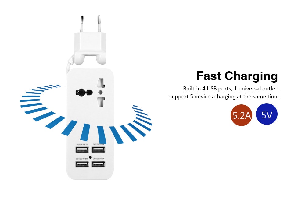 Portable Charging Station EU Plug with Universal Outlet and 4 USB Ports- White