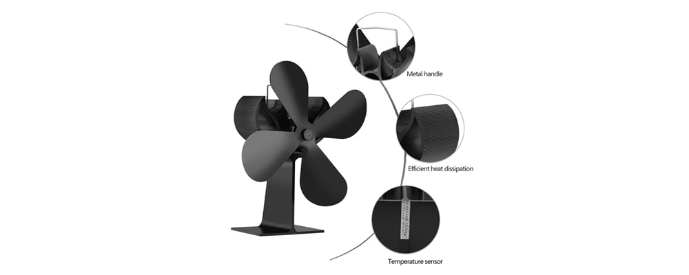 4 Blades Heat Powered Silent Fireplace Fan- Black