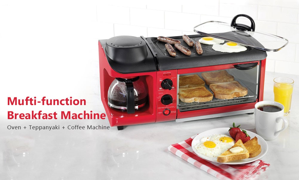 Three-in-one Breakfast Machine Mufti-function for Home Coffee Oven Teppanyaki - Ruby Red