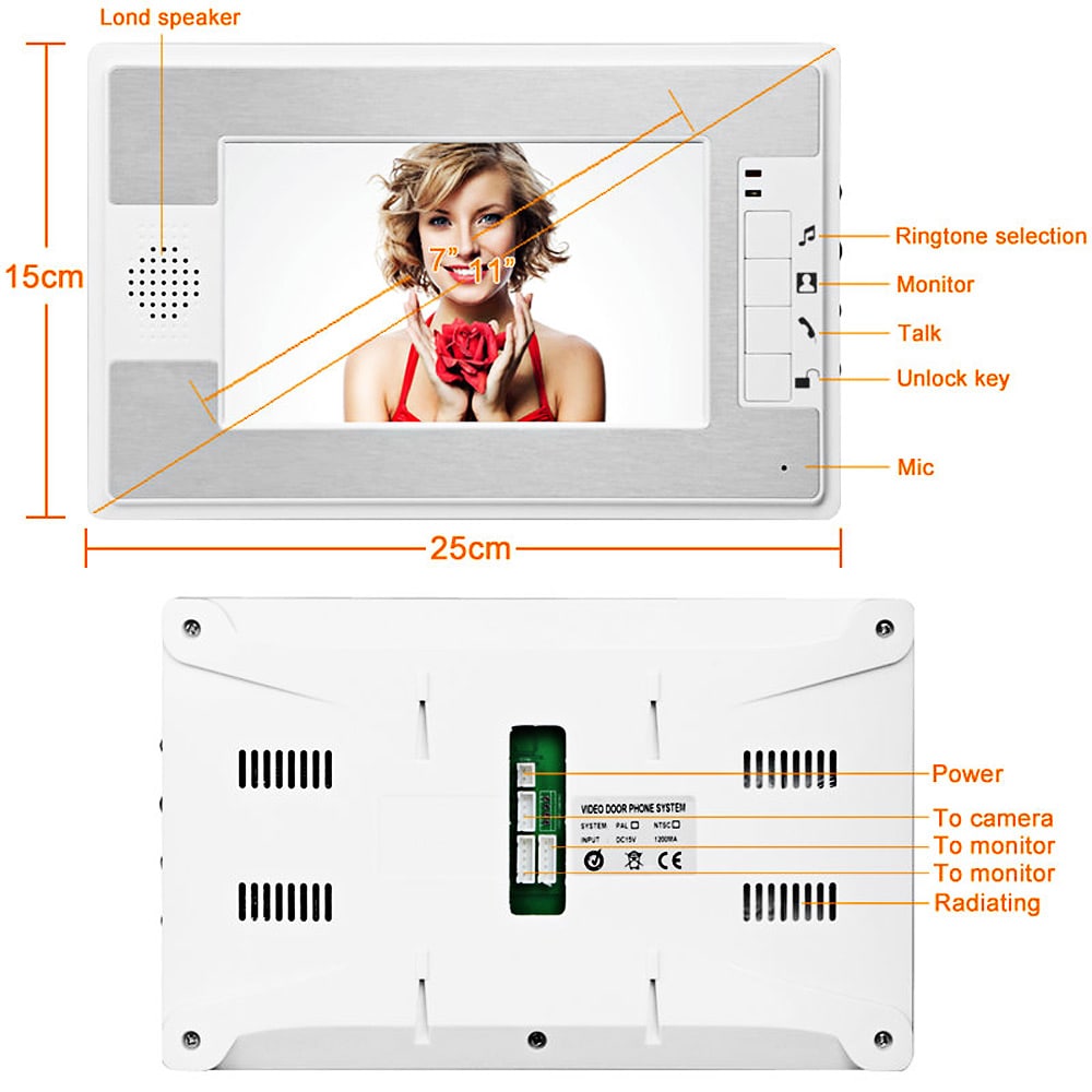 SY812MKW11 7 Inches TFT Screen Hands Free Video Interphone Doorbell Intercom- Silver White EU Plug