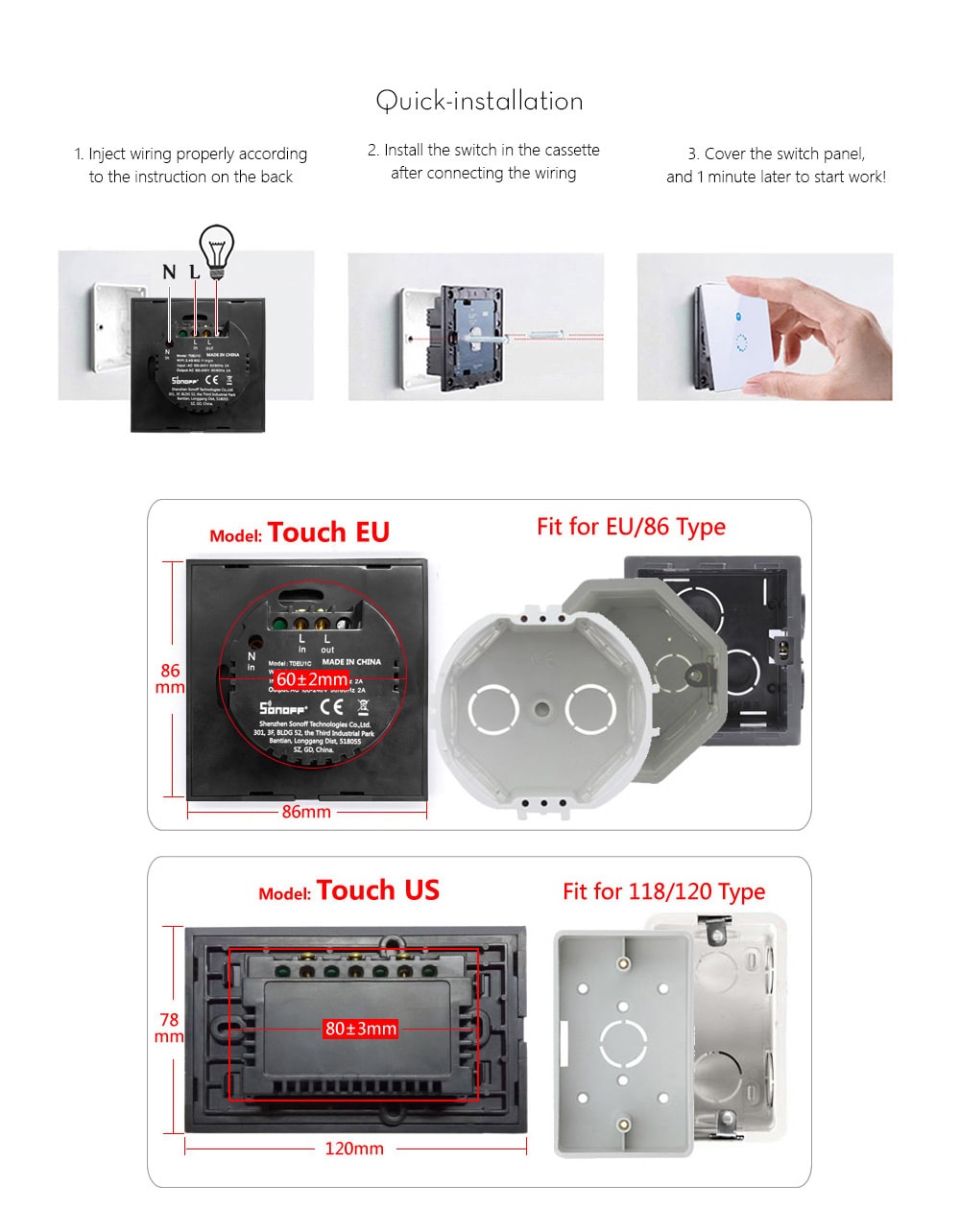 SONOFF Touch WiFi Panel Wireless Remote Control Wall Timing Switch Via APP Smart Home- White EU Version