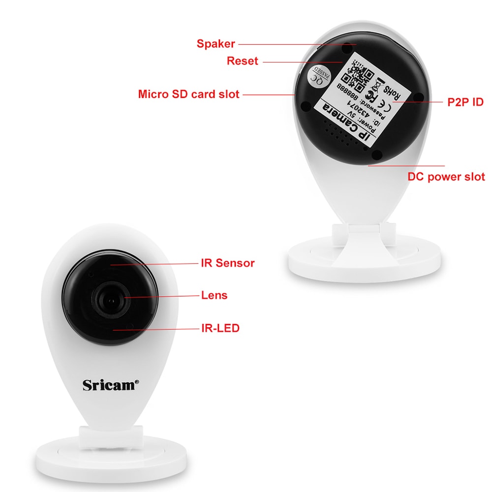 Sricam SP009 720P H.264 Wifi 1.0 Megapixel Wireless ONVIF CCTV Security IP Cam Pet Camera TF Slot- White EU Plug