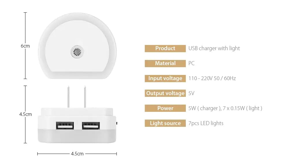 Utorch B07 Dual USB Ports Adapter Charger with Sensitive Light-sensor Night Light- White US Plug (2-pin)