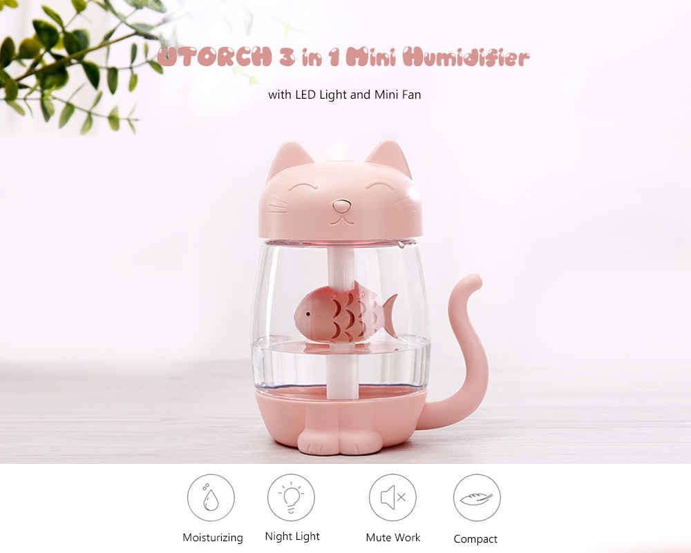 UTORCH 3 in 1 350ML Cute Mini Humidifier with LED Light Mini Fan- White