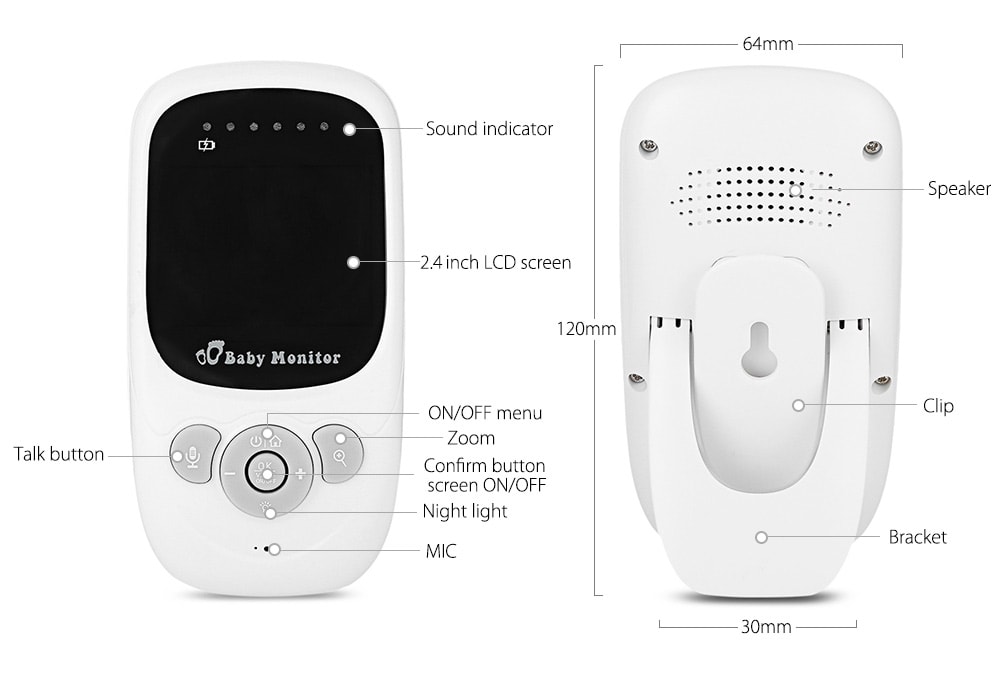 SP880 2.4G Wireless Baby Video Monitor with Night Vision Two-way Talk 2.4 inch LCD Display Temperature Monitoring- White EU Plug