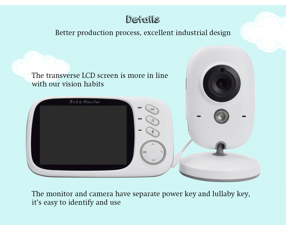 VB603 2.4G Video Digital Baby Monitor Security Mini Camera with 3.2 inch Screen 2 Ways Audio Talk and Night Vision- White