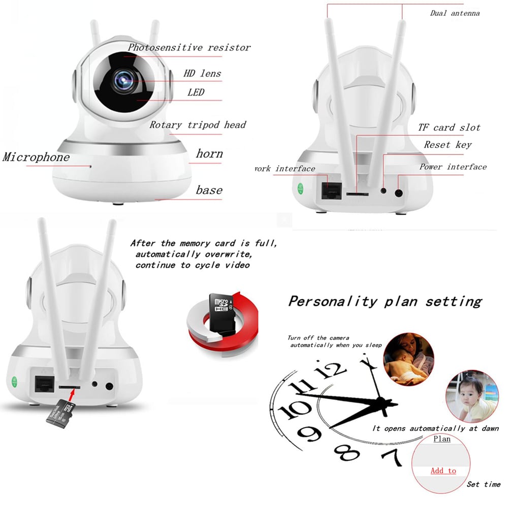 WiFi Remote Control Multifunction Infrared Night Vision Monitor IP Camera 1080P US Plug- Silver and White 1Pc