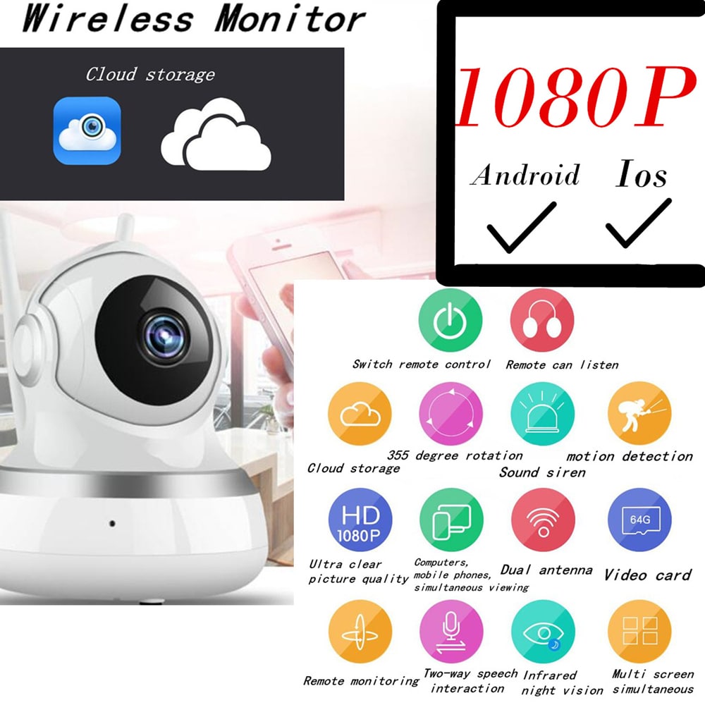 WiFi Remote Control Multifunction Infrared Night Vision Monitor Camera 1080P EU Plug- Silver and White