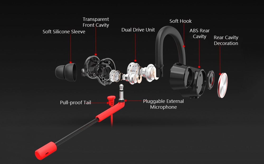 V6 In-ear Gaming Earphone Double Speaker Drive 3.5mm Earbuds with Microphone and Wire Control - Red