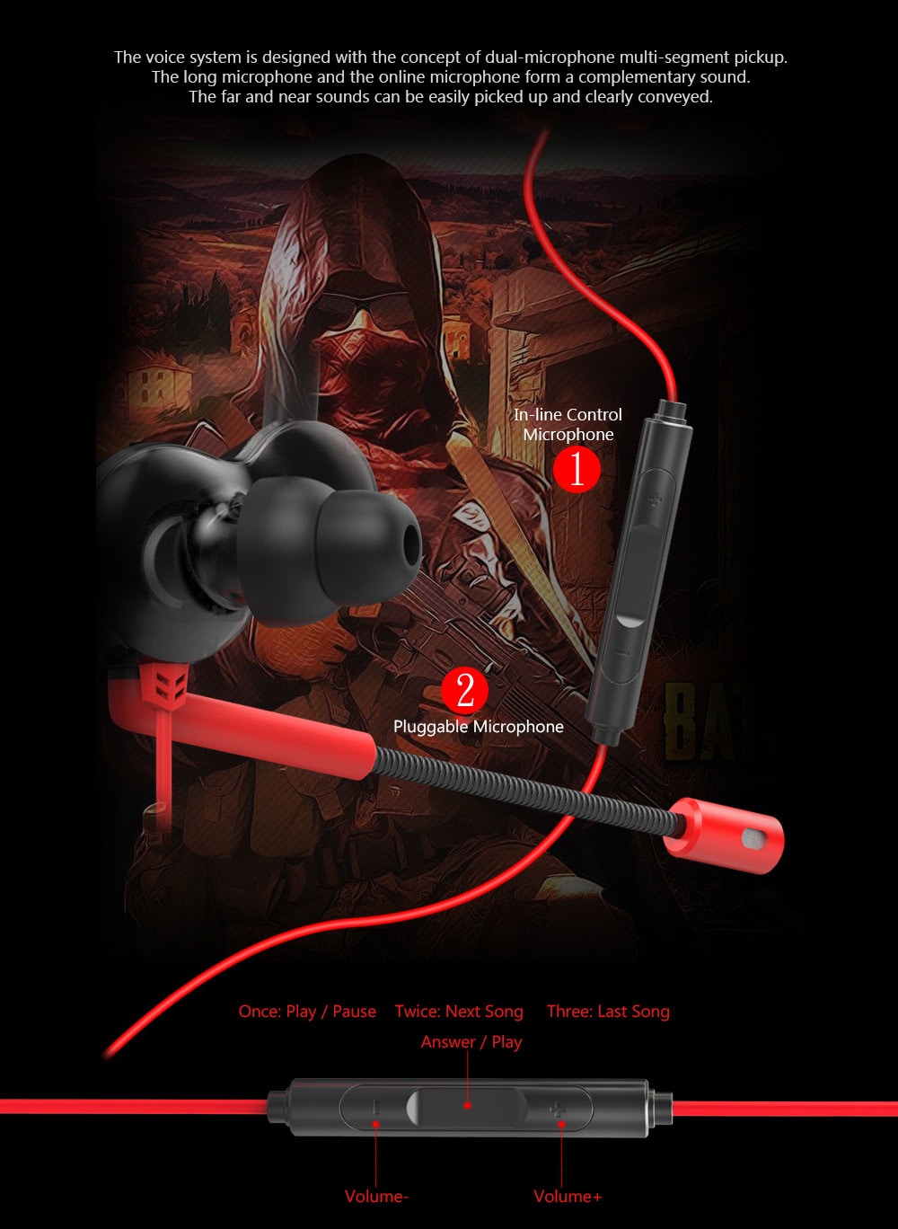 V6 In-ear Gaming Earphone Double Speaker Drive 3.5mm Earbuds with Microphone and Wire Control - Red