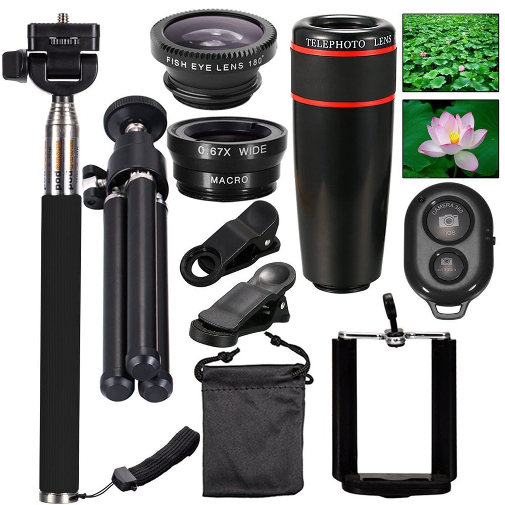 Telescope Telephoto Wide-Angle Macro Fisheye Lens Since The Shaft Tripod 10 in 1 Suit- Black