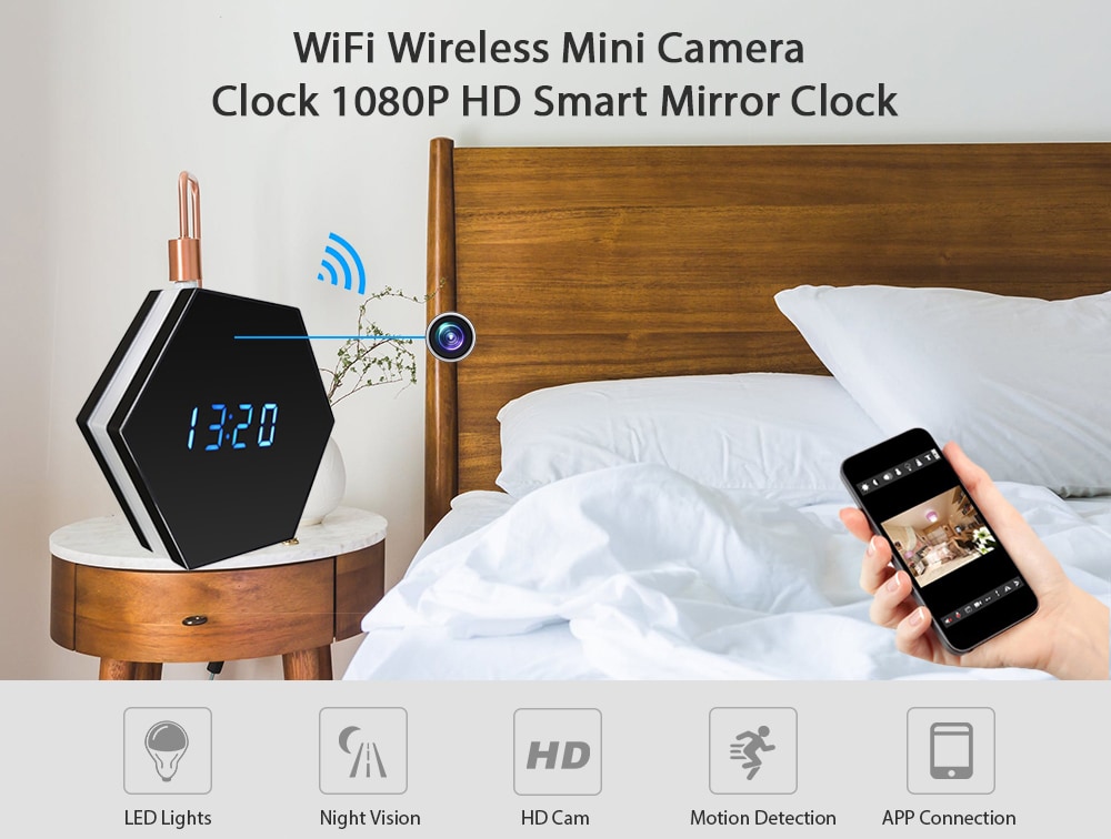  Z17 WiFi Wireless Mini Camera Clock 1080P HD Smart Mirror Clock Night IP Vision Two-way Audio Motion Detection LED Lights- Black EU Plug