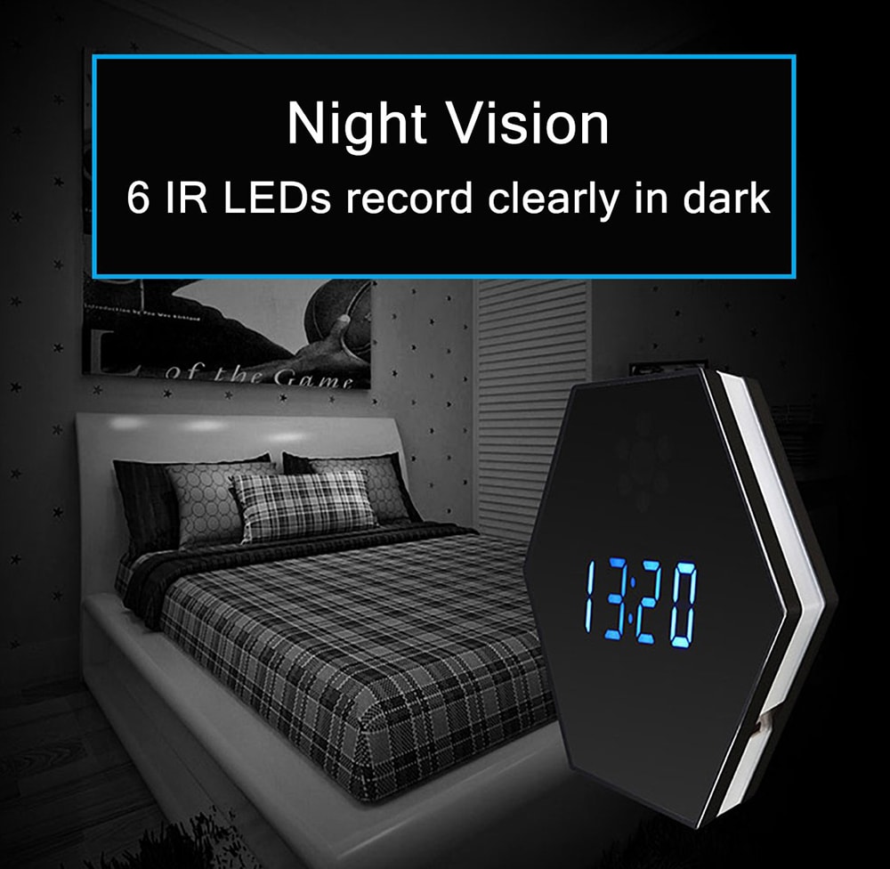  Z17 WiFi Wireless Mini Camera Clock 1080P HD Smart Mirror Clock Night IP Vision Two-way Audio Motion Detection LED Lights- Black EU Plug