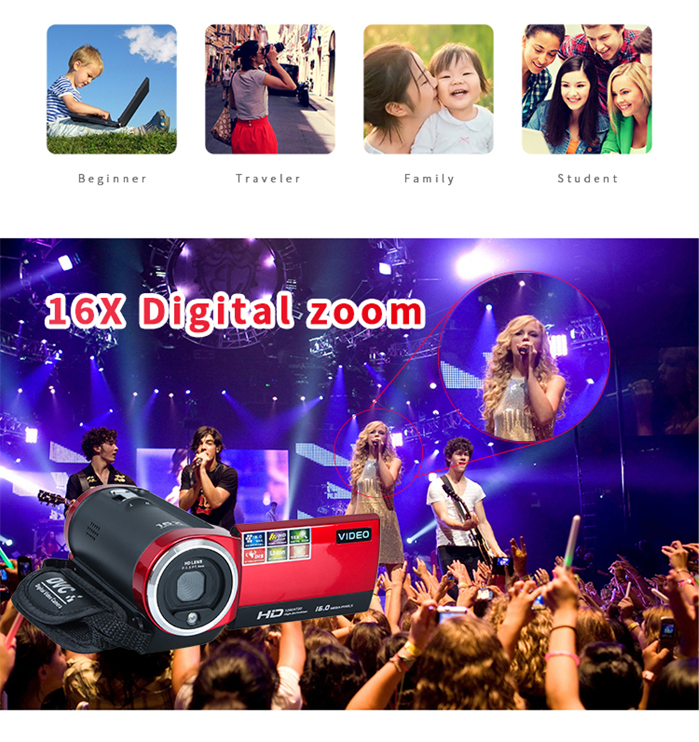 SX05 HD Camcorder 16M Pixels 16X Digital Zoom 720P Travel Camera Mini DV DIS Gift Red- Red