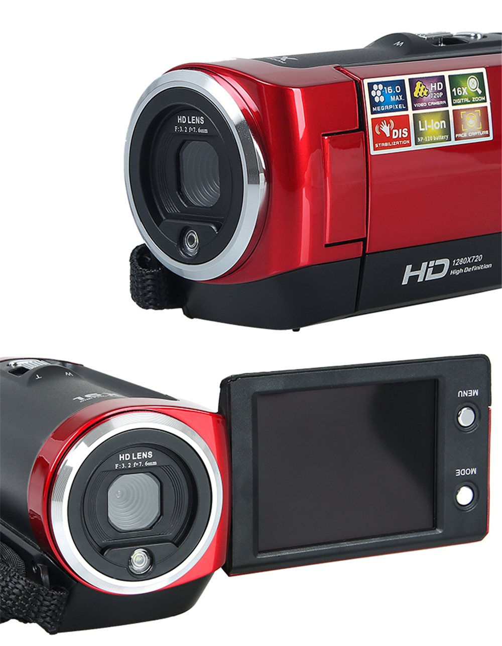 SX05 HD Camcorder 16M Pixels 16X Digital Zoom 720P Travel Camera Mini DV DIS Gift Red- Red