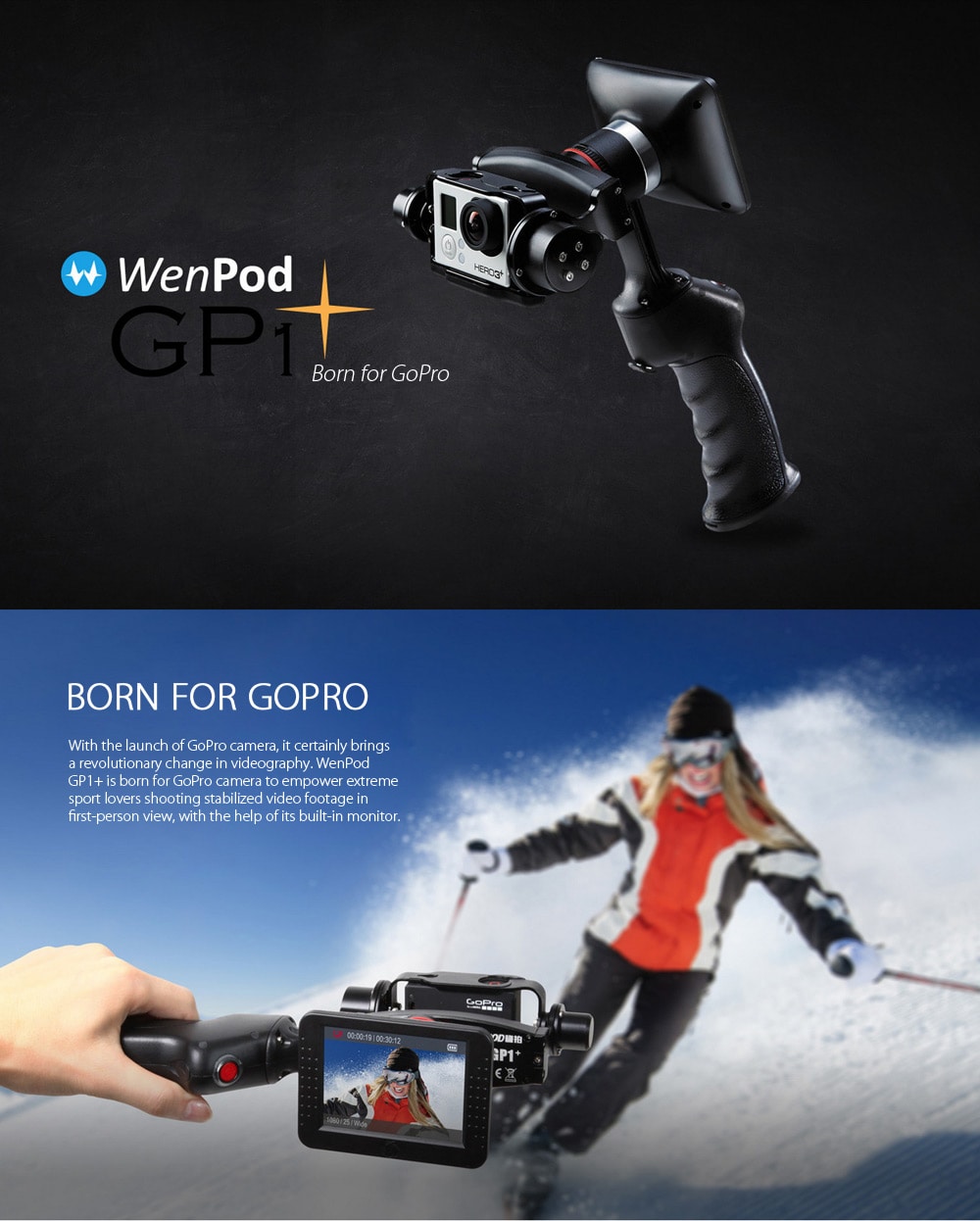 Wenpod GP1+ Smart Dual Axis Handheld Stabilizer for GoPro 3 / 3+ / 4 360 Degree Rotation- Black