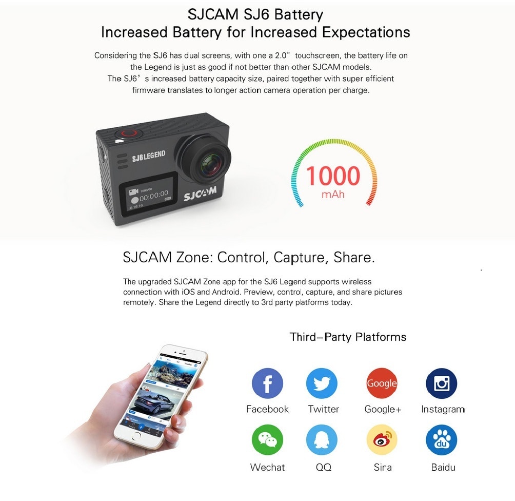 Original SJCAM SJ6 LEGEND 4K WiFi Action Camera Dual Screen Novatek  NTK96660 Chipset 166 Degree FOV- Black