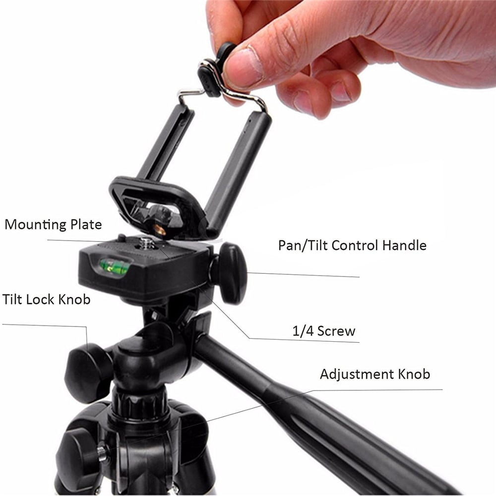 Three-way Head Lightweight Universal Tripod Camera + Cell Phone Clip Holder Camera Bracket- Black